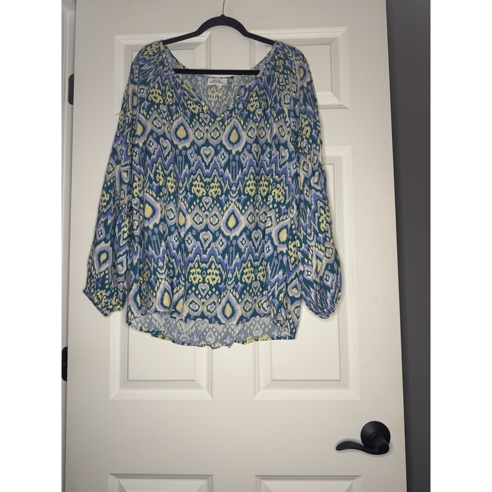Emily Wonder Plus Size Long Sleeve V Neck Peasant Ikat Pattern Blouse Top  2x